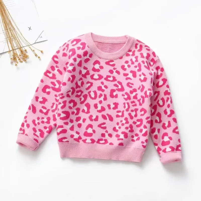 

Boutique Winter Baby Girl Clothes Cute Pink Leopard Print Knit Sweater Toddler Round Neck Pullover Kawaii Sweater Christmas