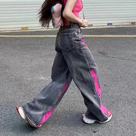 Retro Pink Graffiti Jeans for Women Petite High Street Loose Straight Wide Leg Floor Mopping Pants Trendy Brand