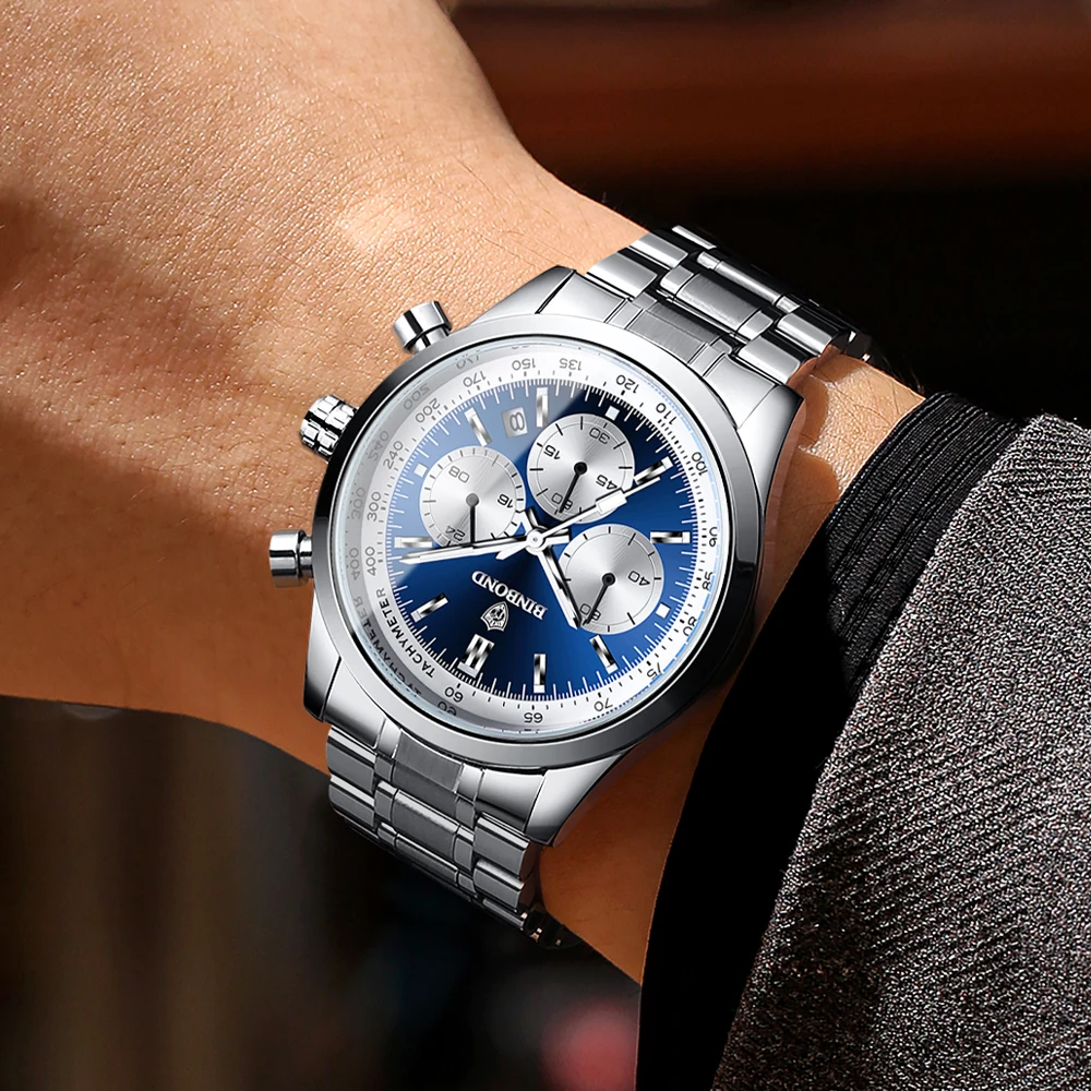 ساعات BINBOND من الفولاذ المقاوم للصدأ مقاومة للماء ومضيئة وتاريخ تلقائي ساعة يد عصرية للأعمال TimerLuxury ساعة كوارتز رجالية للرجال