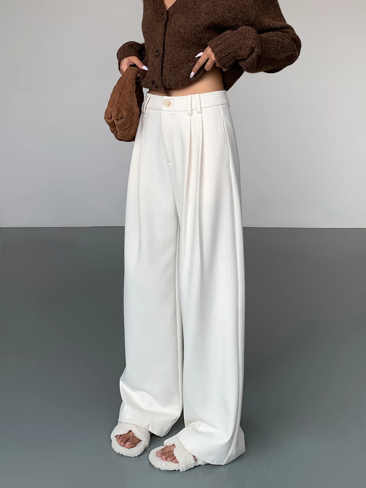 

Ousph White Knitted Wide Leg Pants Women's Autumn Winter New Sle Floor-Length Straight Casual Trousers Premium Design