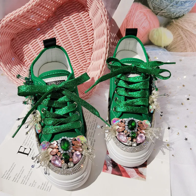 Colorful Rhinestones Women Platform Sneakers 2022 Green Canvas Bling Crystal Bridal Wedding Shoes Tassel Casual Vulcanized Shoes