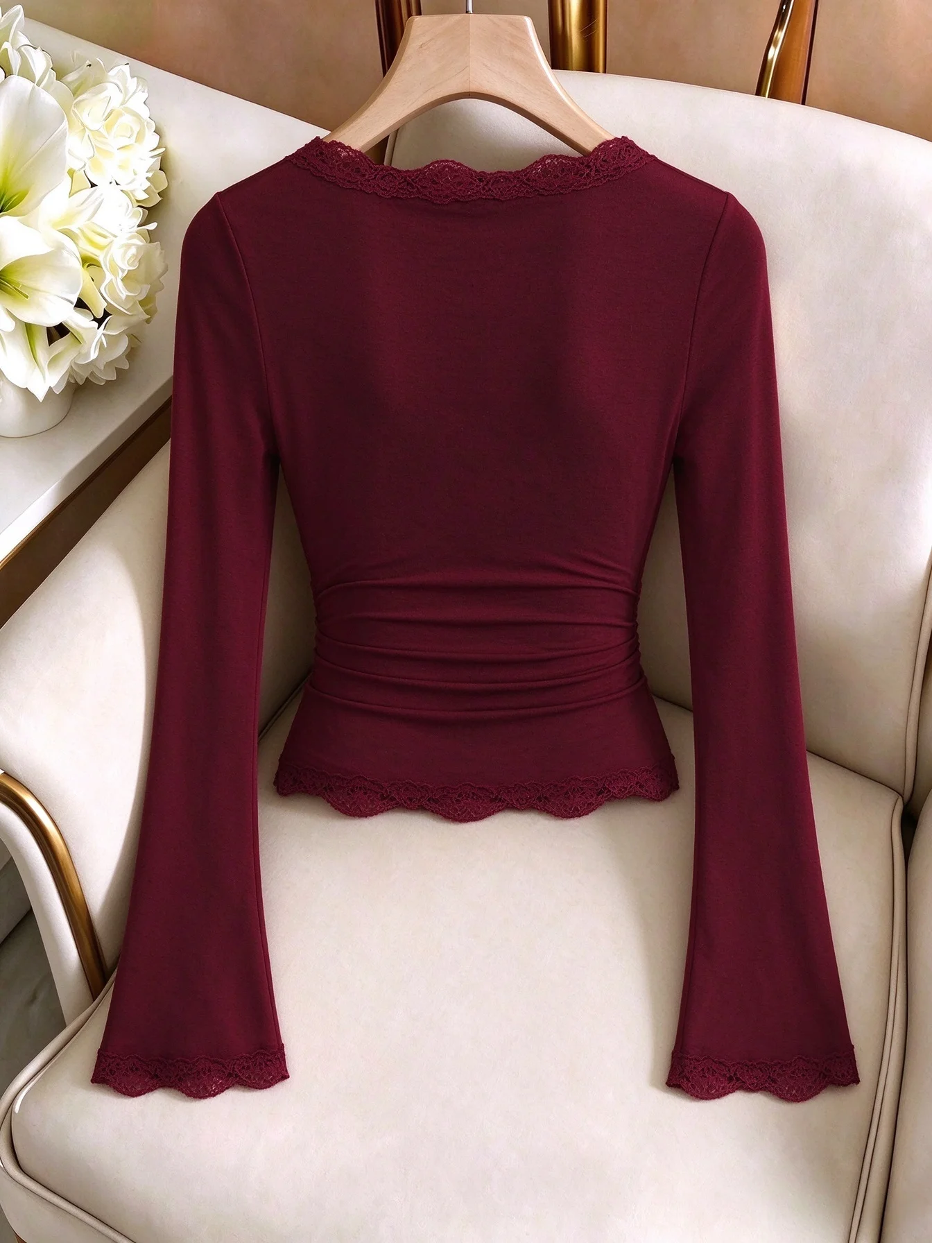 Women Square Neck Lace Trim Top Flare Long Sleeve Slim Fit Ruched Waist Casual Basic Shirts