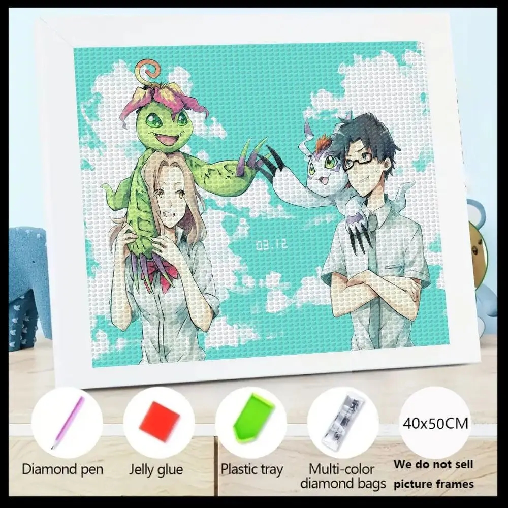 

Алмазная вышивка 5D (40x50 см) с двумя персонажами и существами в стиле Дигимон, набор для творчества DIY с розовыми стразами