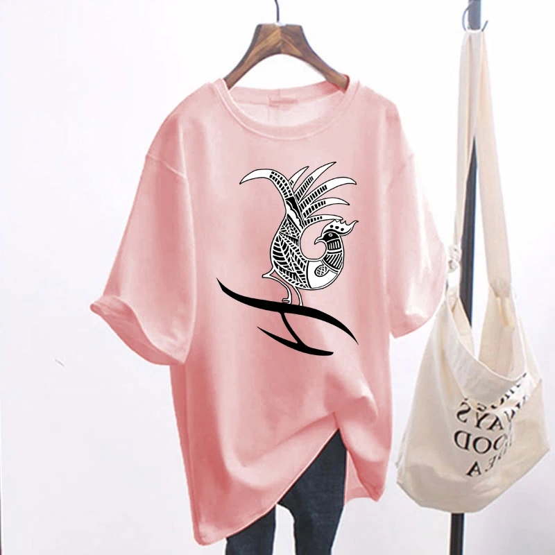 Ladies Summer Round Neck Modal Cotton T-Shirt Short Sleeve Solid Color Top Harajuku Print Shirt