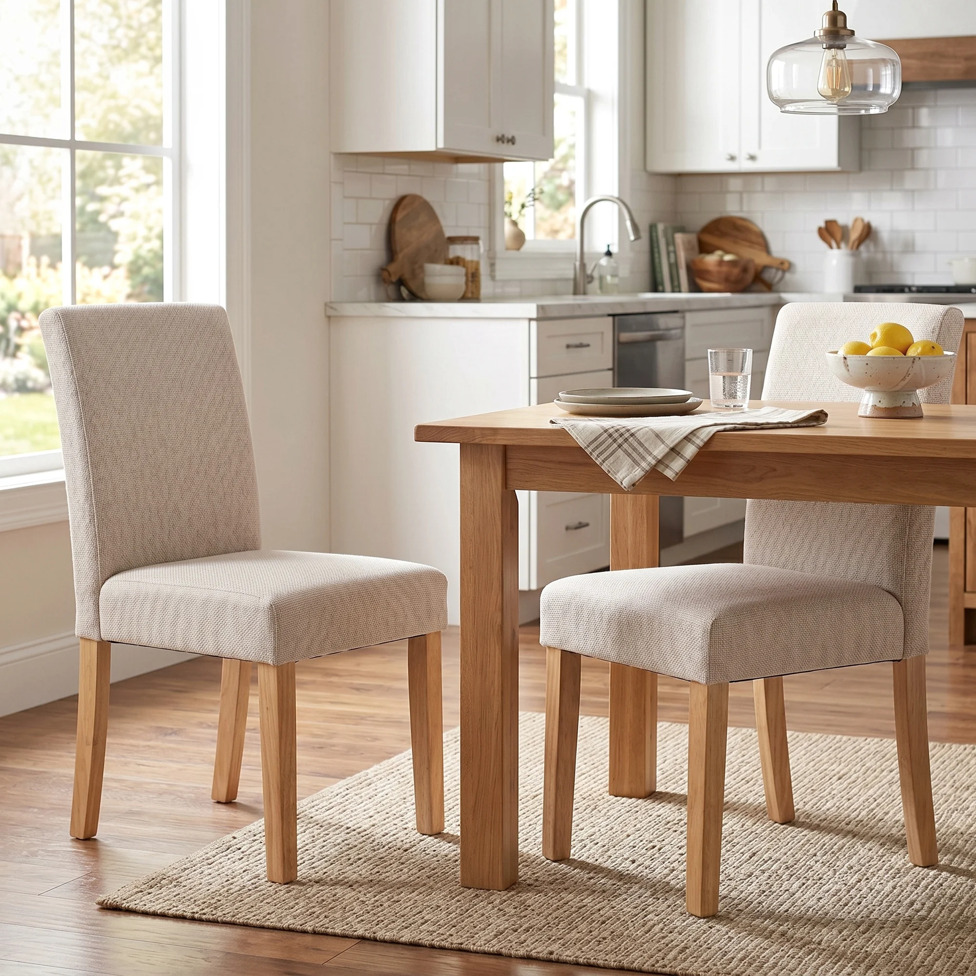 HOMCOM Esszimmerstühle 2er Set Küchenstuhl mit Rückenlehne, Leinenoptik, Moderner Polsterstuhl mit Kautschukholzbeinen, Essstuhl für Esstisch, Wohnzimmer, Esszimmer, Cremeweiß