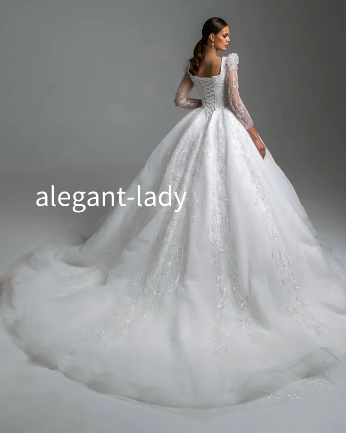 Long Sleeve Square Neck White Wedding Dress 2025 Fashion Elegant Lace Inlaid Sequins Puffy Arab Bridal Gowns Customised