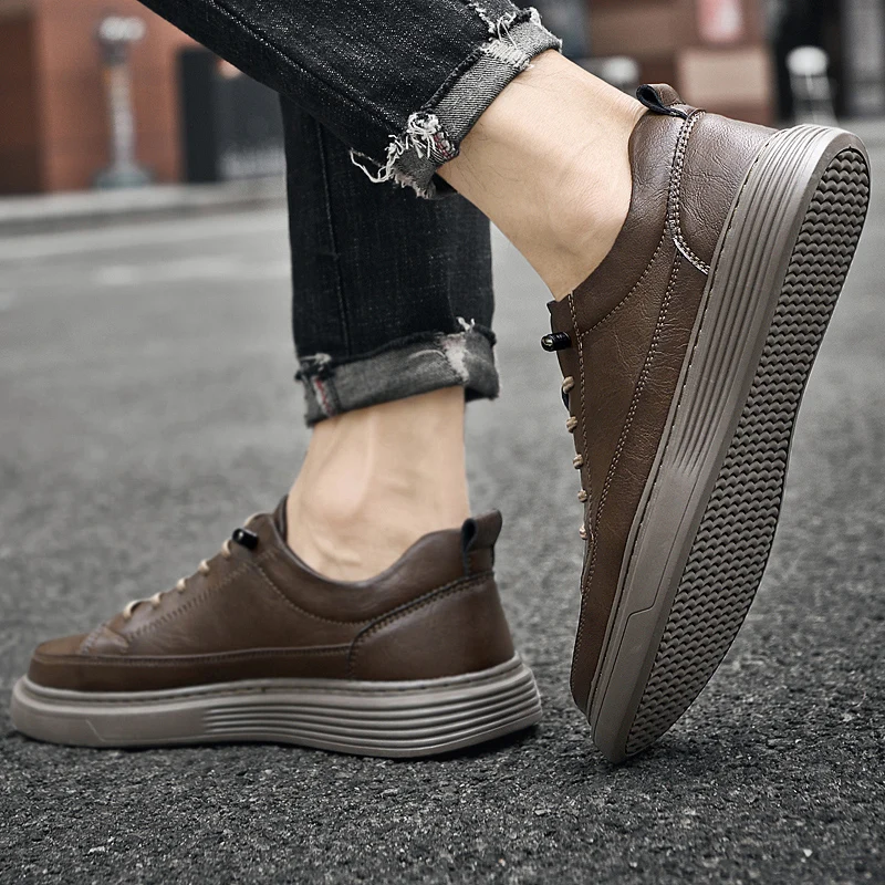 Fashion Brand Designer Genuine Leather Casual Shoes Outdoor Sports Lace Up Oxford Shoes Men's Brown Flat Business Dress Shoes