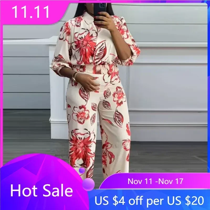 

Women's Loose Print 2 Piece Sets Outfits Fashion Long Sleeve Shirt And High Waist Wide Leg Pant Casual Office Lady Clothes