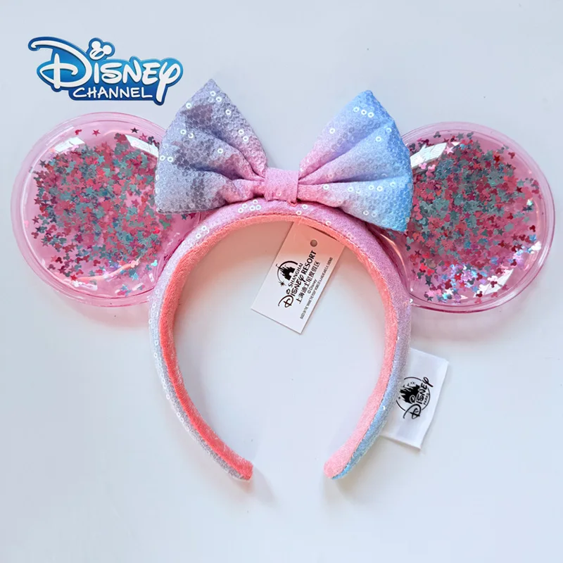 Disney Minnie Mouse Ear Headband Pastel Pink Blue Gradient Sequin Bow With Shaker Star Glitter Confetti Hair Accessory