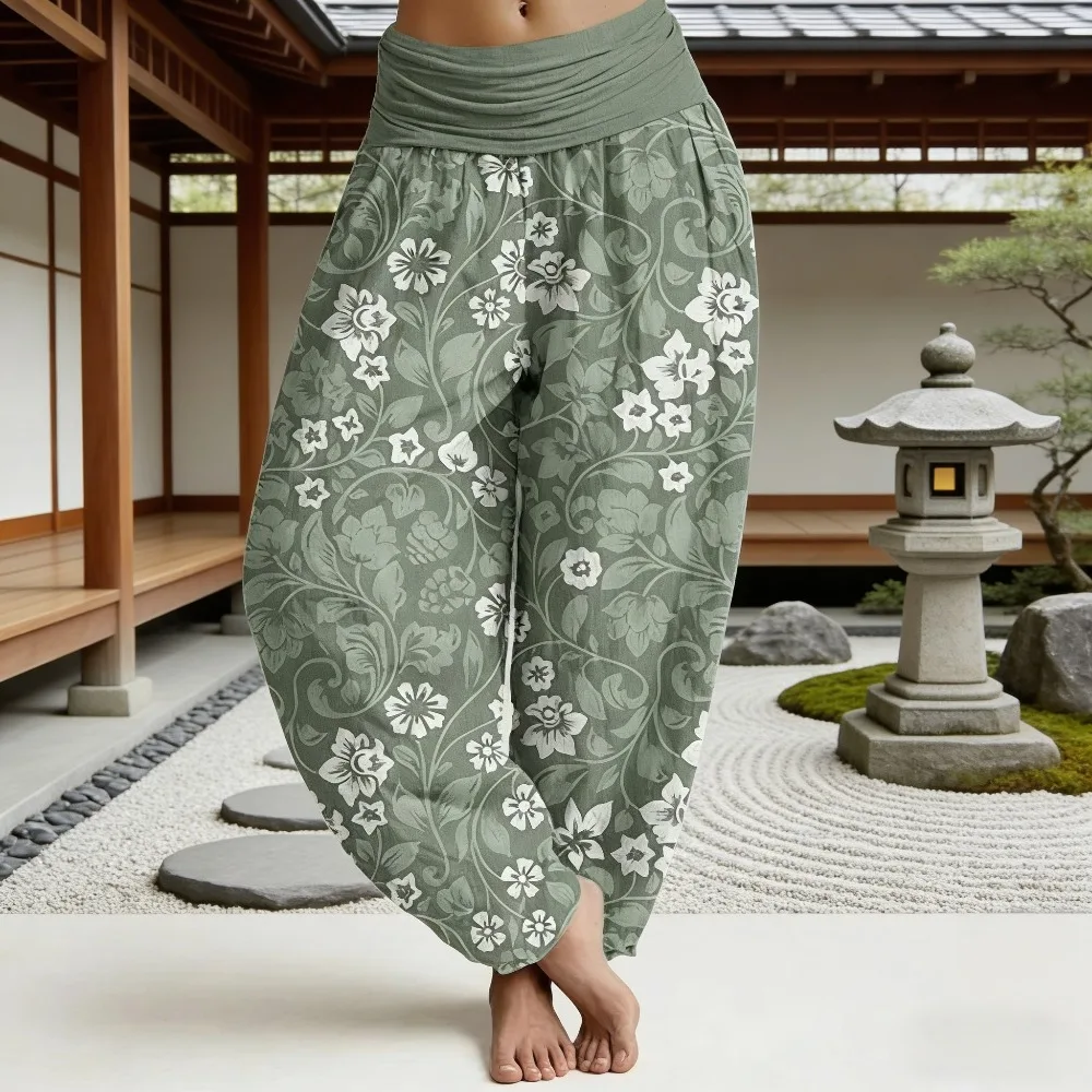 Women's Cozy Chill Japanese Harajuku Floral Harem Pants Green Vintage Wide Leg Cuffed Thai Trousers Ultra-Soft Cotton Loungewear