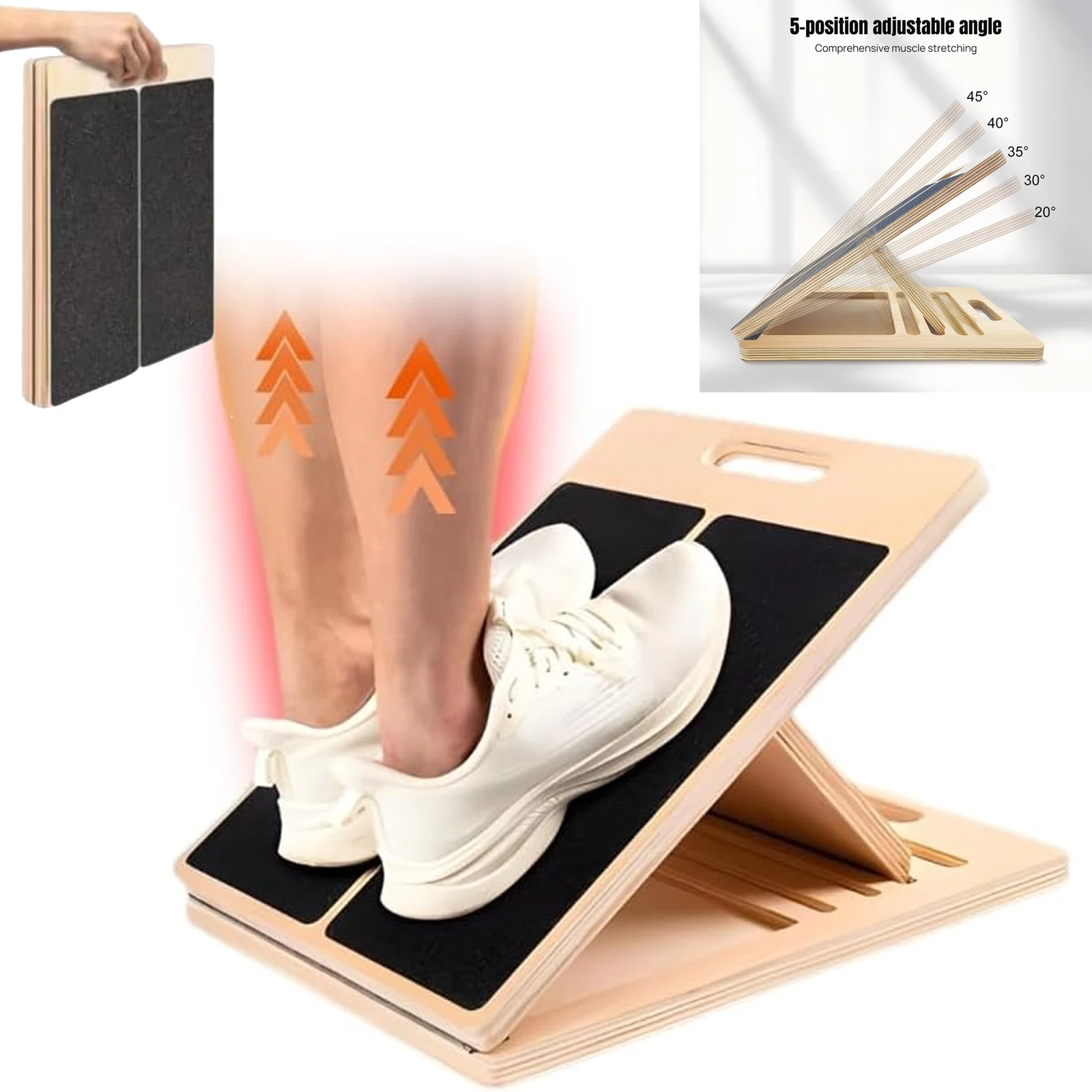 Planche inclinée en bois pour étirements – Planche inclinée réglable en 5 positions pour mollets, ischio-jambiers, tendons d'Achille et chevilles, capacité de 330 lb, pour la rééducation, les squats et l'entraînement de mobilité