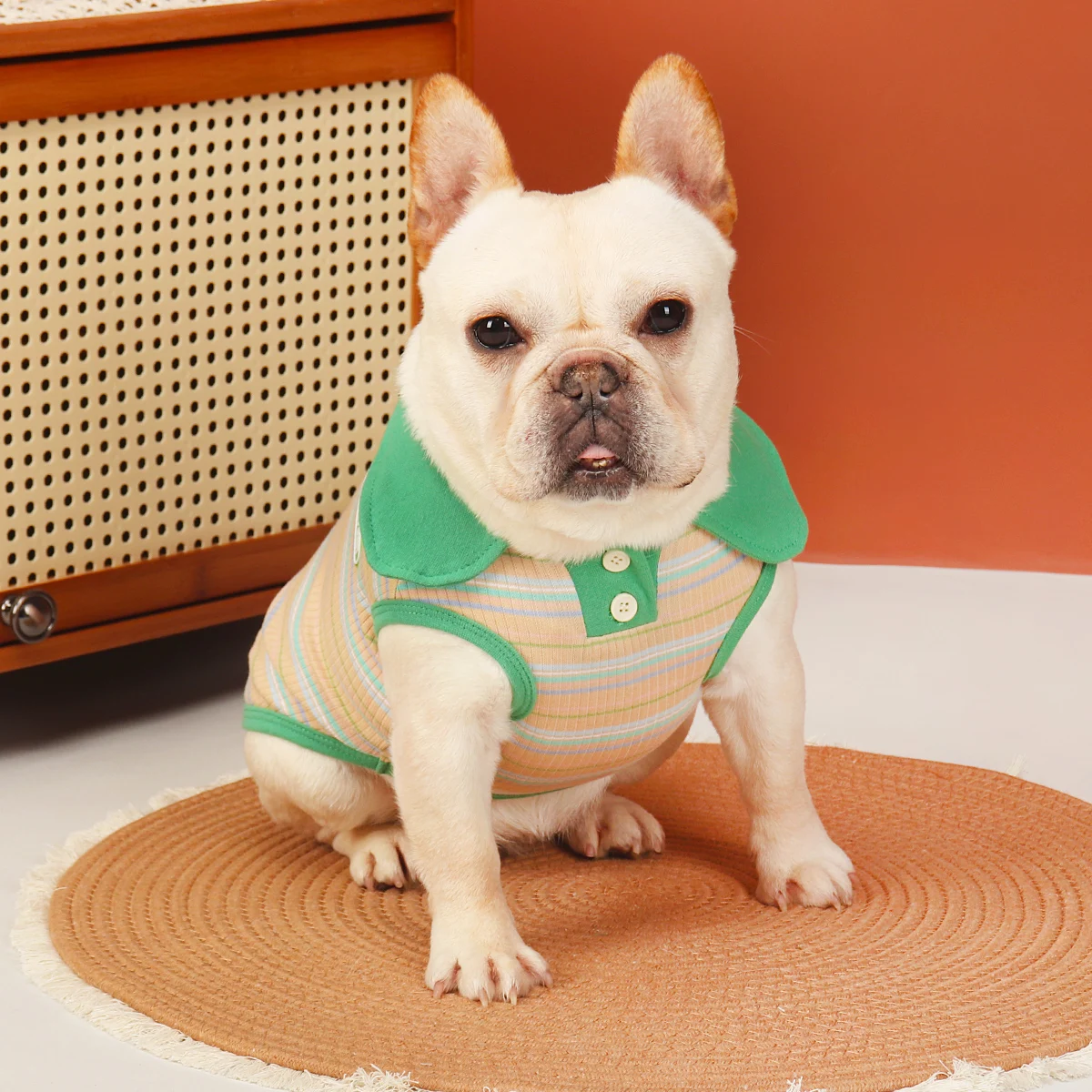 Disfraces de primavera de Bulldog Francés, sudadera de rayas verdes, abrigo sin mangas para perros Pug, abrigo Polo de moda para perros pequeños multimedia