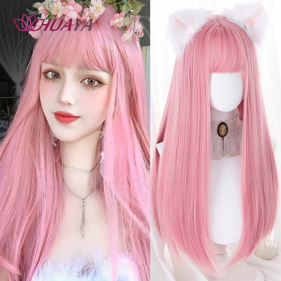 HUAYA Synthetic Long Straight Pink Wig Female Cosplay Wig With Bangs Heat-Resistant Fiber Daily Party False Hair