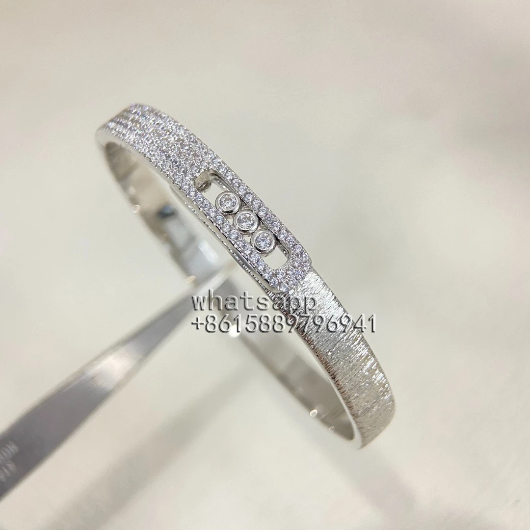 Rose Gold Brushed Bangle Bracelet, Three Floating Stones Oval Slider Cuff image 3