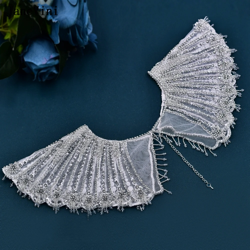 JaneVini Luxury Women Beaded Body Chain Tassels Adjustable Bridal Shoulder Necklaces Tops Tulle Strap Wedding Dress Accessories