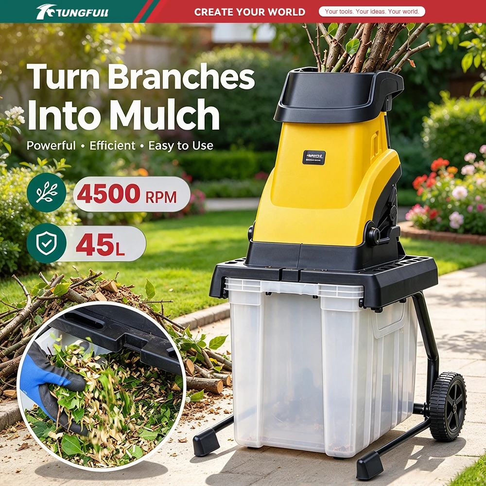 Portable Electric Wood Shredder Chipper 4500 RPM 45L Bin Garden Branch Mulcher for Yard Twigs Leaf Wood Chip Making