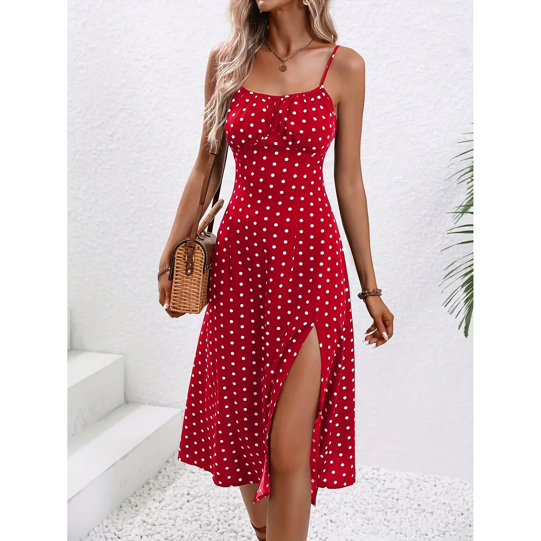 Abito da donna con stampa floreale senza spalline Abito estivo Boho Beach Stampa Bretelle eleganti Abito con spacco al collo quadrato Abiti vintage Y2k