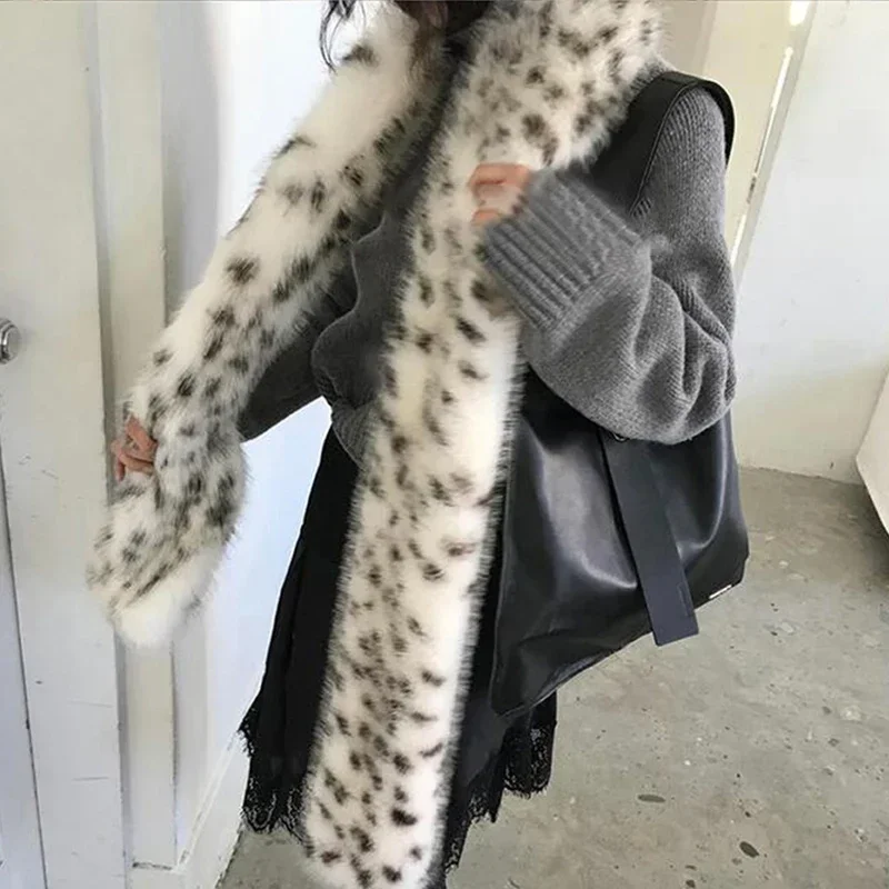 Women Faux Fox Fur Long Scarf White Leopard Dot Winter Warm Thickened Lengthened Scarf Neck Collar Sexy Party Dress Shawls