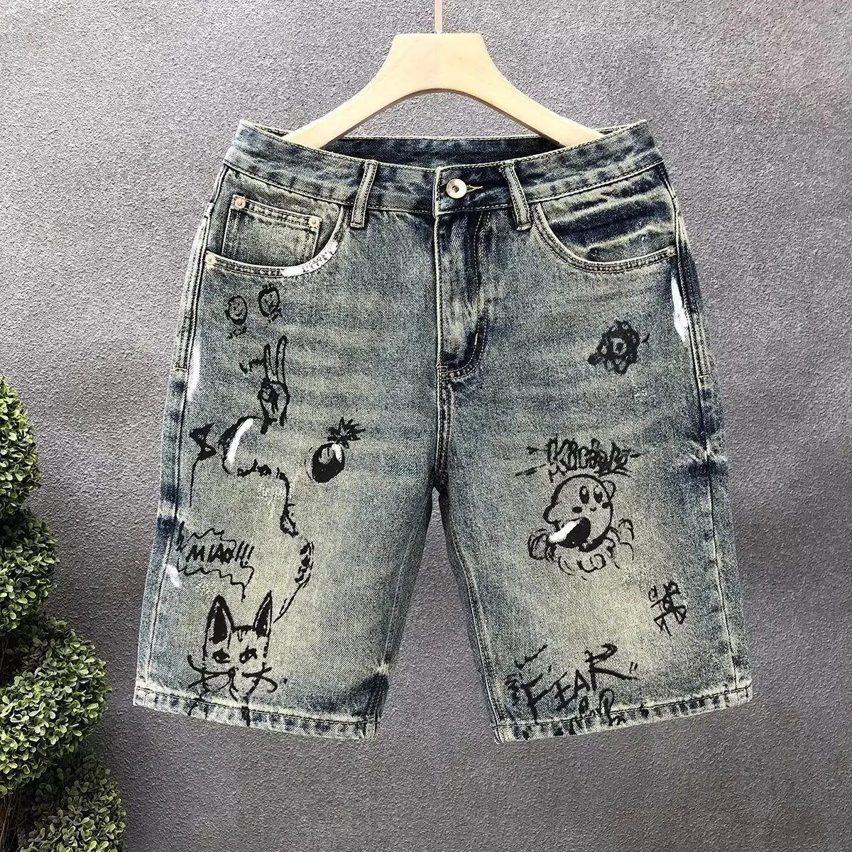 Hiphop Cartoon Printed Denim Shorts Men's Summer Trendy Brand 5 Five-point Pants 2025 New Men's Loose Straight Short Pants