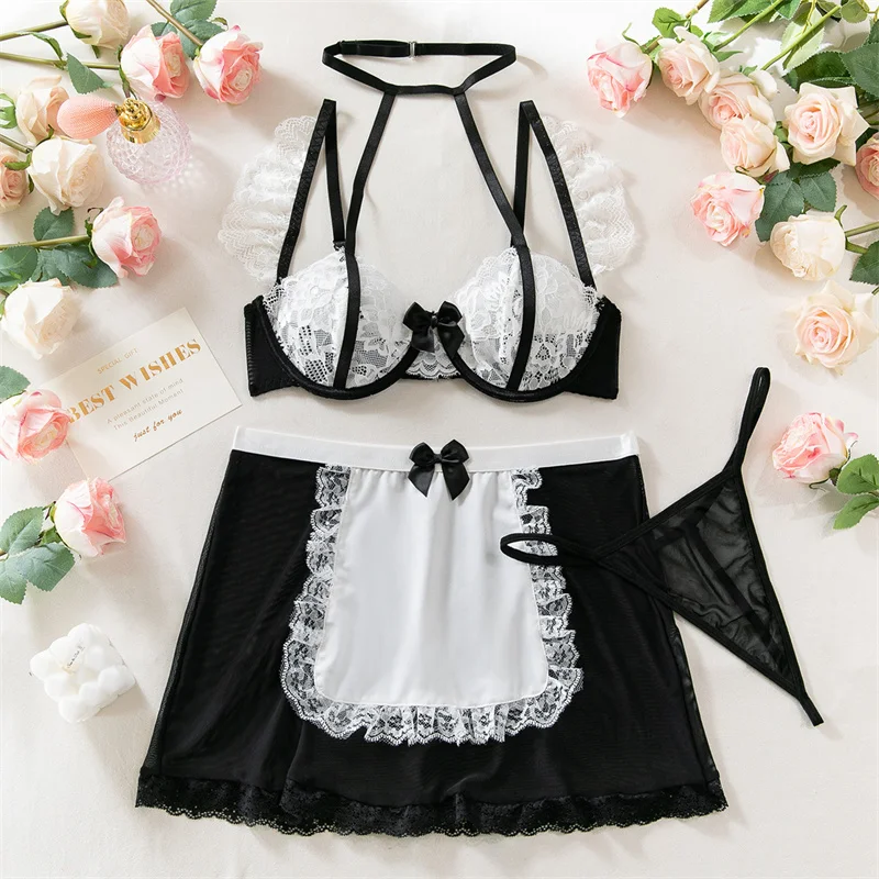 

Sexy Outfits Lingerie Bow Halter Lace Underwear Contrasting Color Bra Sets Cosplay Maid Costume 3 Pieces See Through Lingerie