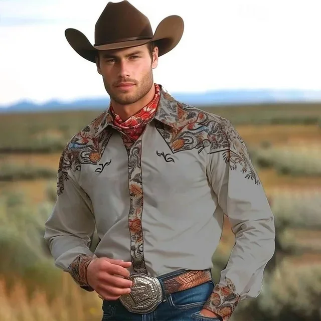 Men's retro western denim 3D printed pattern shirt fashionable holiday party long sleeve shirt men's lapel button top outer wear