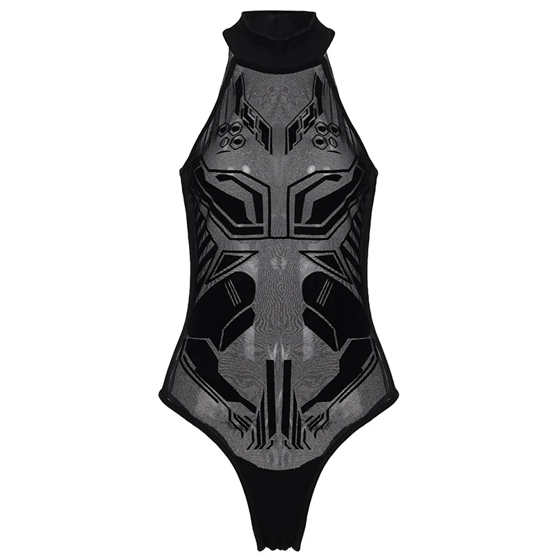 Fashion women's printed hollow out see through casual sexy jumpsuit