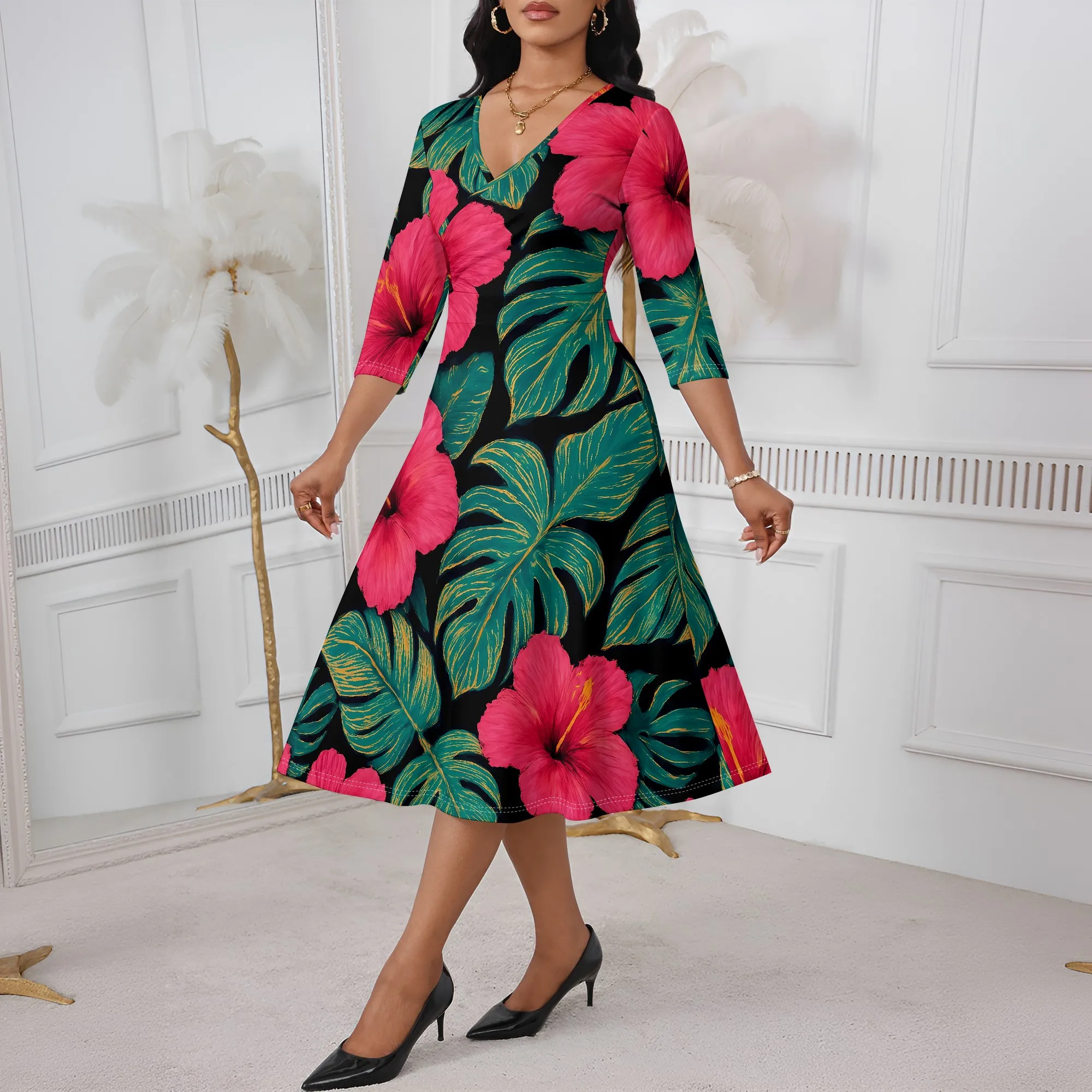 

S-3XL Tropical Hibiscus Leaf Print Dress Women's Black Green Vacation Midi Dress for Beach, Cruise or Summer Party Look