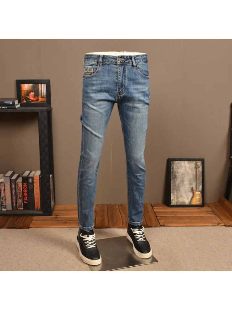 High-End Jeans Men's Classic Simple Slim Fit Skinny Stretch Retro Embroidered Fashion Wash Blue Trousers