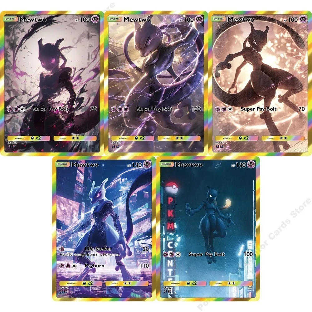 5Pcs PTCG Cards Mewtwo PTCG Holographic Rare Collection Cards Mewtwo Creativity Game Anime Shining Mewtwo PTCG Cards Gift