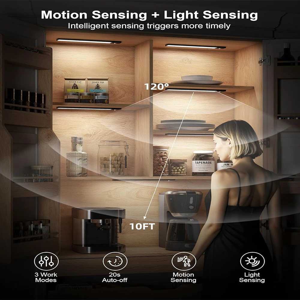Ultra-thin LED Cabinet Light Rechargeable Motion Sensor Night Liight Dimmable Kitchen Wardrobes Countertop Shelve Lamp 20cm/30cm