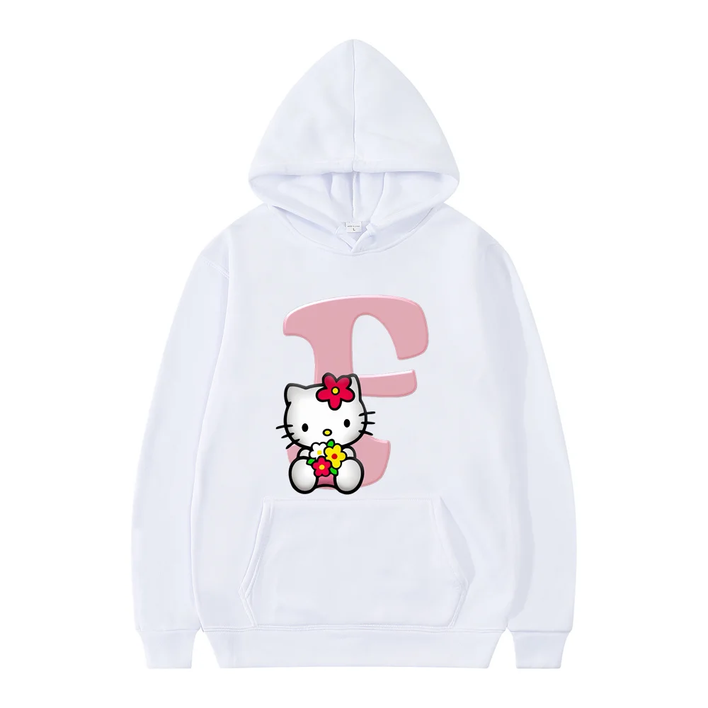 Hoodie musim gugur Hello Kitty 2024 kaus A B C D huruf putih baju Sweatshirt anak perempuan Pullover Anime kartun atasan kasual wanita