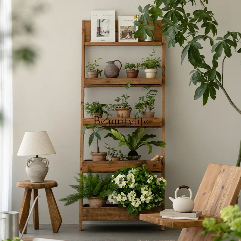 

Vintage Solid Wood Wall-Mounted Storage Rack Old Pine Multi-Functional Floor Balcony Flower Pot Rack
