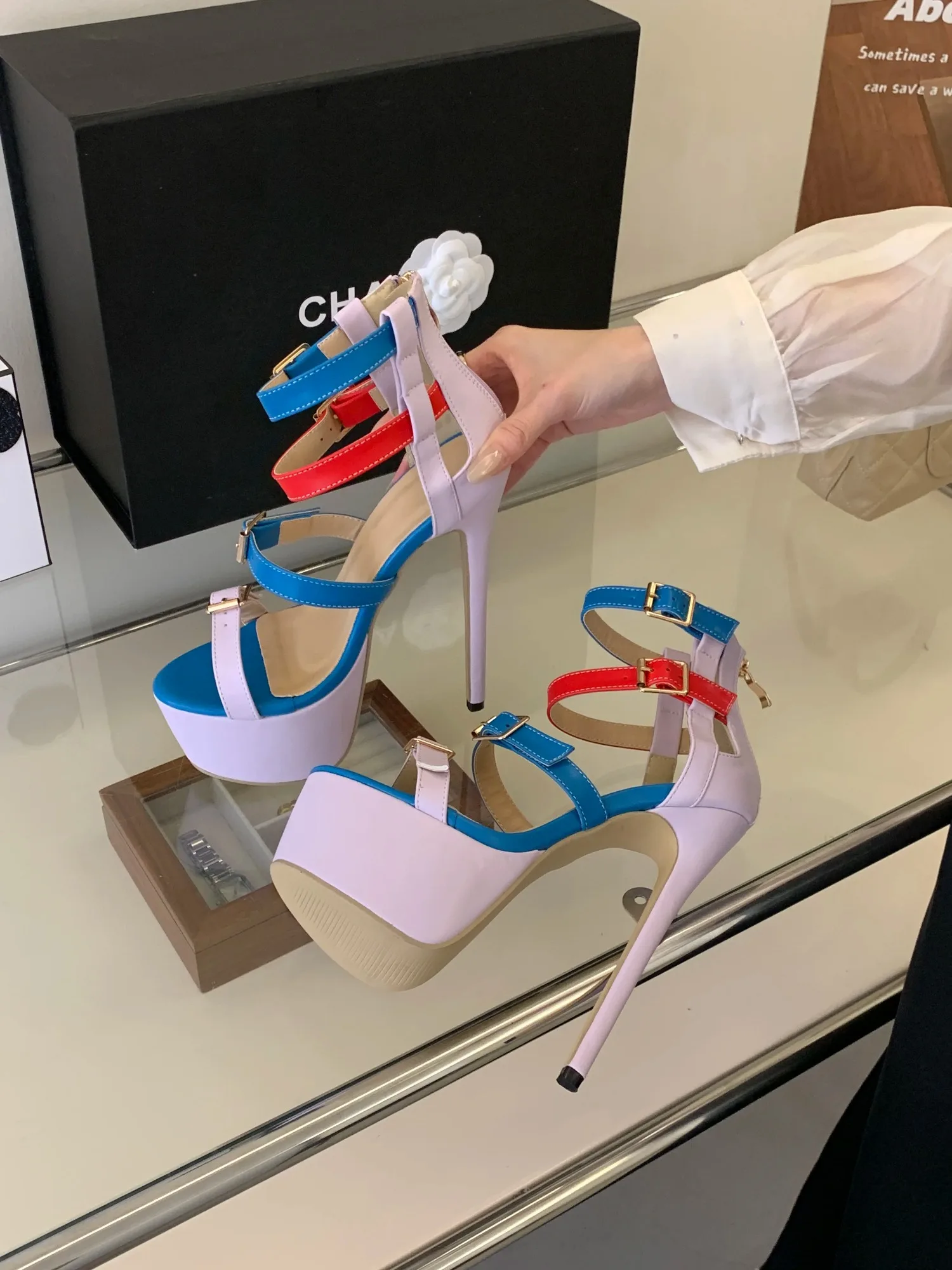 Summer Fresh Color Block Platform Sandals for Women, 17CM Stiletto High Heel Multi Buckle Ankle Strap Open Toe Heels for Party
