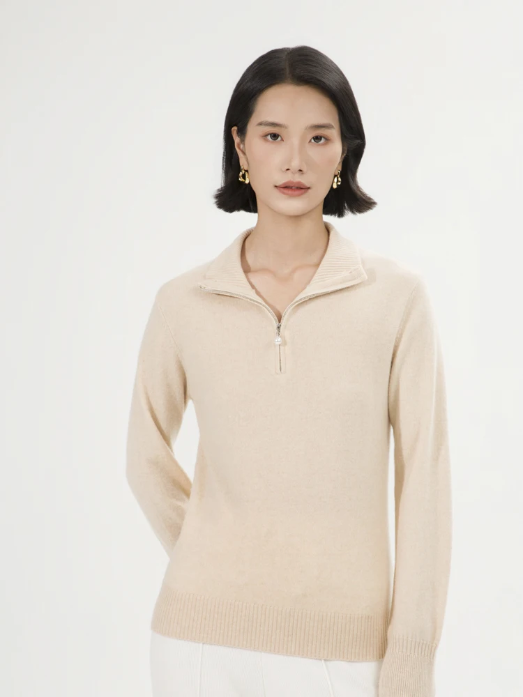 

New Women Pearl Zipper Cashmere Pullover Autumn Winter Turn-Down Collar Sweater 100% Cashmere Knit Clothing Casual Warm Tops