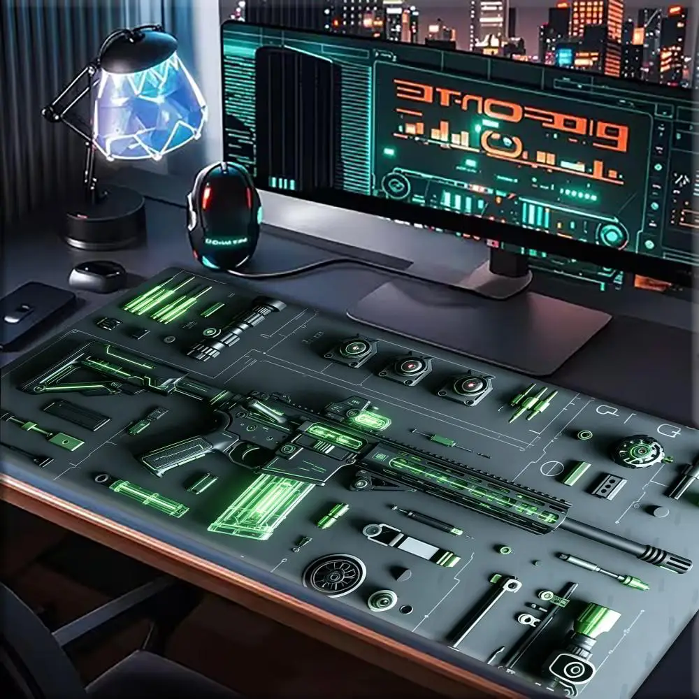 Green Cyberpunk Neon Rifle Blueprint Large Gaming Mouse Pad Tactical  Extended PC Desk Pad Non-Slip Rubber Base Gamer Desk Decor