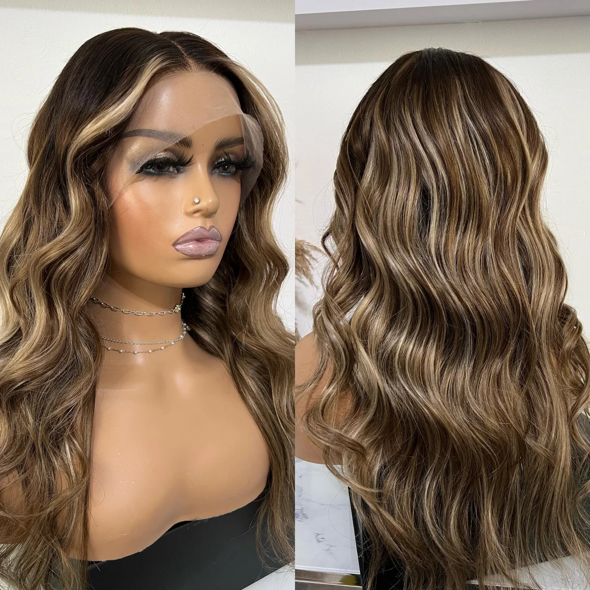 أومبير شقراء براون الباروكات قبل قطعها شعري الاصطناعية الدانتيل الجبهة الباروكات طويلة الطبقات الجسم موجة شعر مستعار غلويليس ارتداء للذهاب العصرية D #1