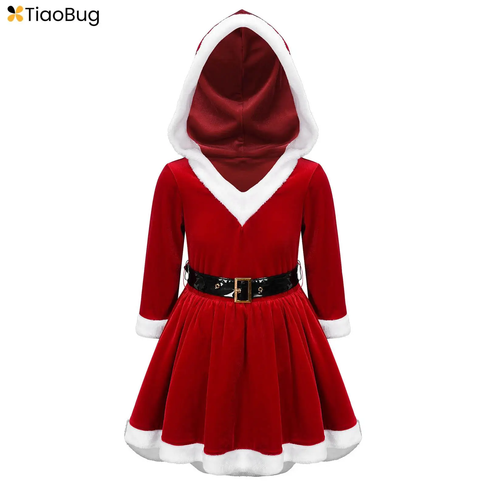 

Kids Girls Christmas Mrs Santa Claus Costume Velvet Long Sleeve Hoodie Dress with Belt Princess Holiday Party Dress Up