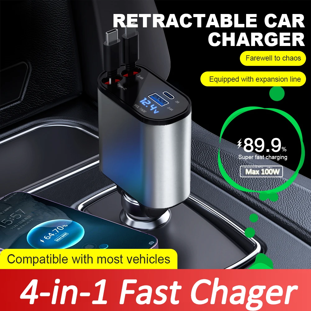 

100W Car Fast Charger 4-in-1 Super Charge Flash Charging With Telescopic Cable TYPE-C,For Apple Point Smoker Car Charging