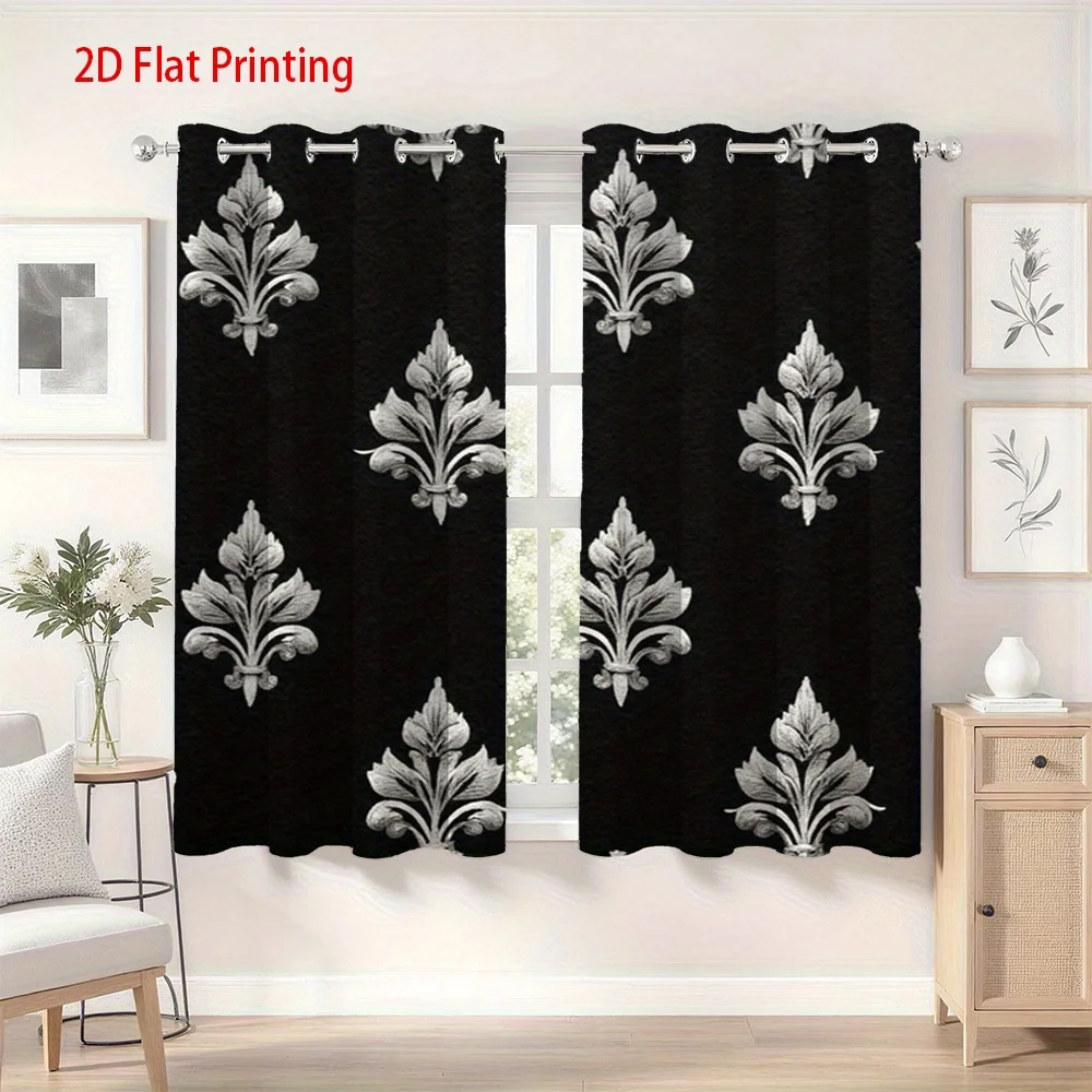 2D Flat, 2pcs, 2D Flat Printing Curtains Black Background Silvery Fleur De Lis Pattern, Punched Lace Fabric Material for Home