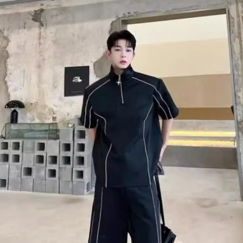 Korean Inspired Men's Sportswear Set Loose Fit Half Zip T-Shirt Shorts Casual Summer Outfit Trendy Breathable Quick Dry 2 Piece view 2