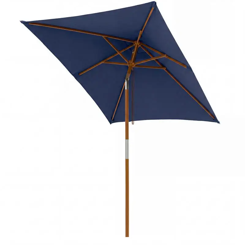 Sombrilla rectangular para patio de 7 pies, poste de madera con refuerzo metálico, 3 ajustes de altura y mecanismo de inclinación con botón, dosel con doble ventilación para flujo de aire, parasol exterior para jardín, piscina, terraza, uso comercial, color azul marino