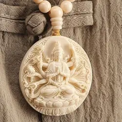 Pure Natural Ivory Fruit Hand-carved Thousand-hand Guanyin Pendant Patron Saint Amulet Good Lucky Round Brand Necklace Charms