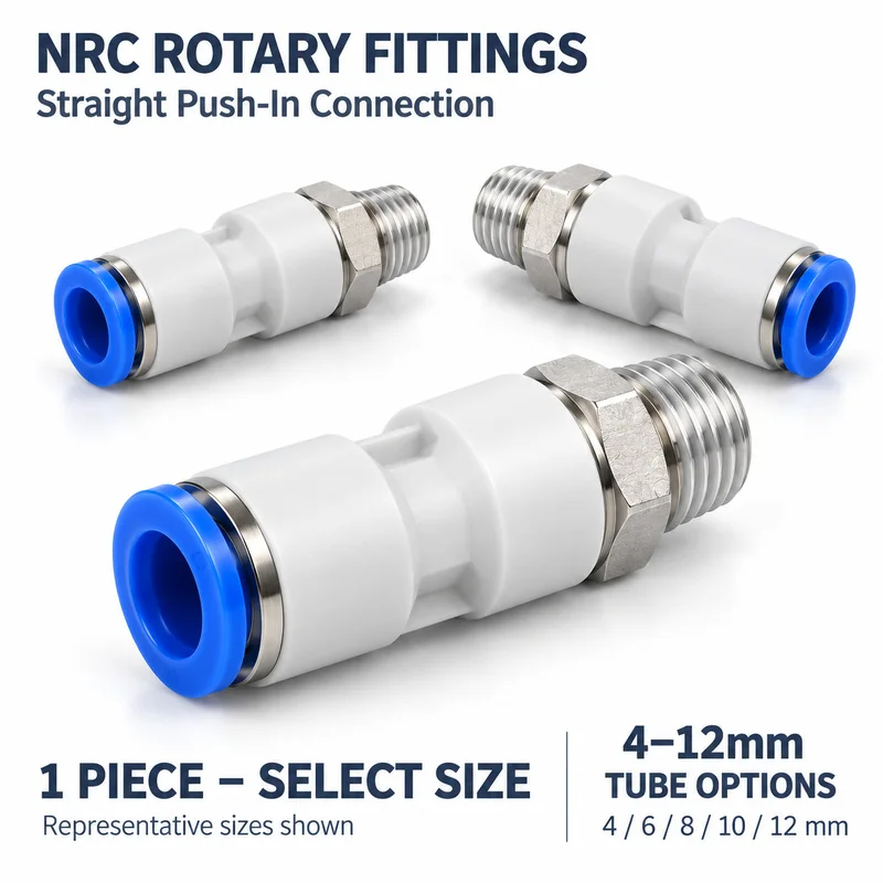 NRC Straight Rotary Pneumatic Fittings 360 Degree Swivel Push In Male Thread Connectors for 4 6 8 10 12mm Air Tube Hose 1 Piece