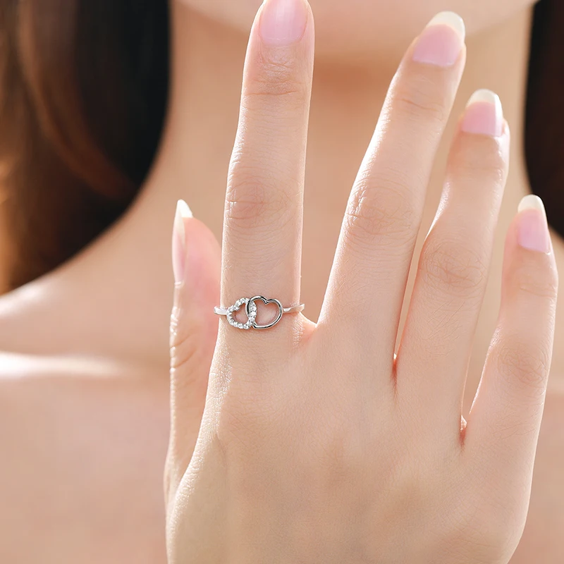 Ailmay Simple 925 Sterling Silver Sweet Heart to Heart Ring For Women Fine Wedding Fashion Jewelry