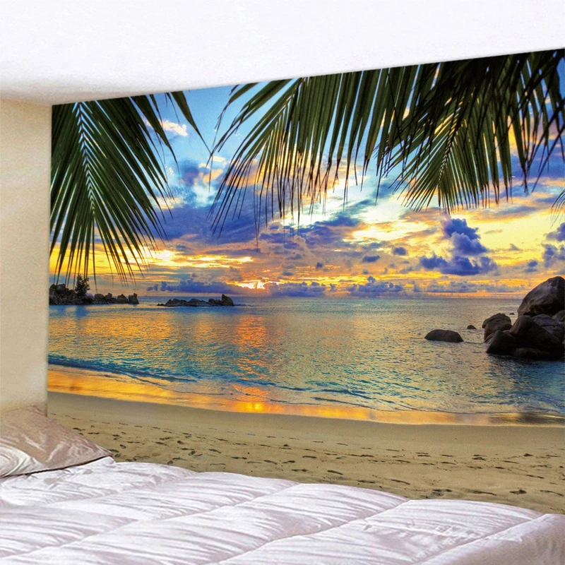 Sunset Seaside Tapestry Palm Frond Glowing Ocean Golden Beach Rock Nature Wall Cloth For Dorm Wall Decor