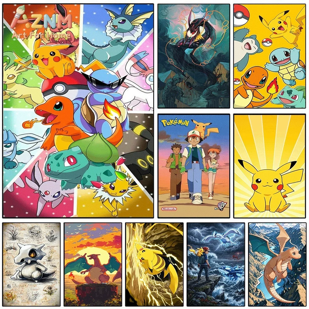 Anime Pokemon Eeveelutions Colorful Splicing Canvas Wall Art, Cute Eevee Evolution Cartoon Creature Frameless Canvas Painting