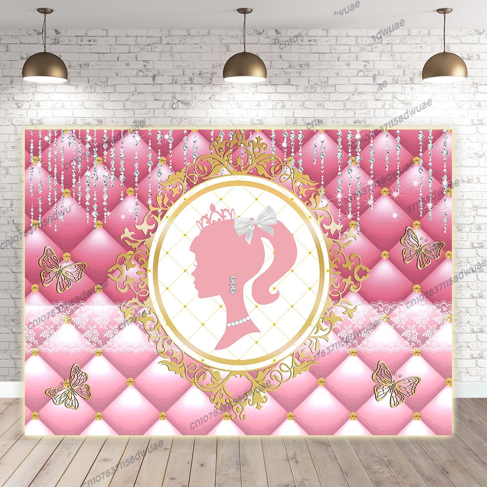 

Barbie Princess Party Photo Backdrop Girl Birthday Photography Background Pink Banner Picture Supplies Decoration Props