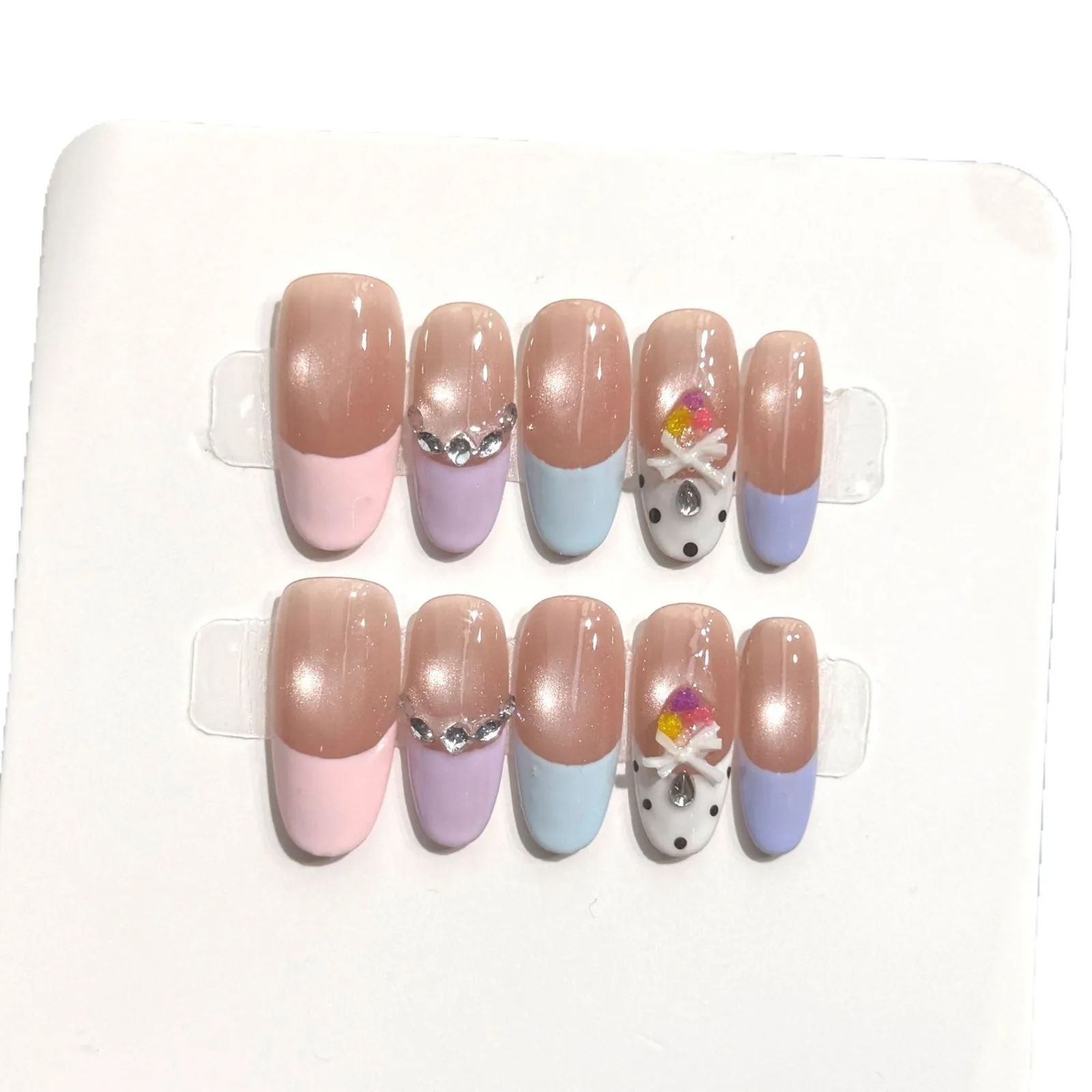 10Pcs Handmade Candy Macaron French Press on Nails Honey Iridescent Bow Rhinestone With 4-PIECE Tools  Super-Strong Nail
