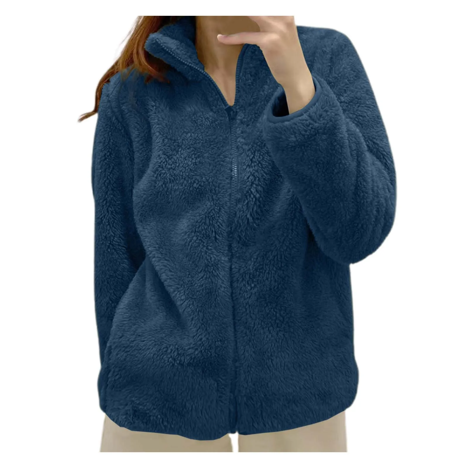 Einfarbige, gemütliche Fleecejacke mit Stehkragen für Damen, Peeling, einfarbig, einfache Oberbekleidung, lockerer Reißverschluss, bequem, lässig, mit Reißverschluss