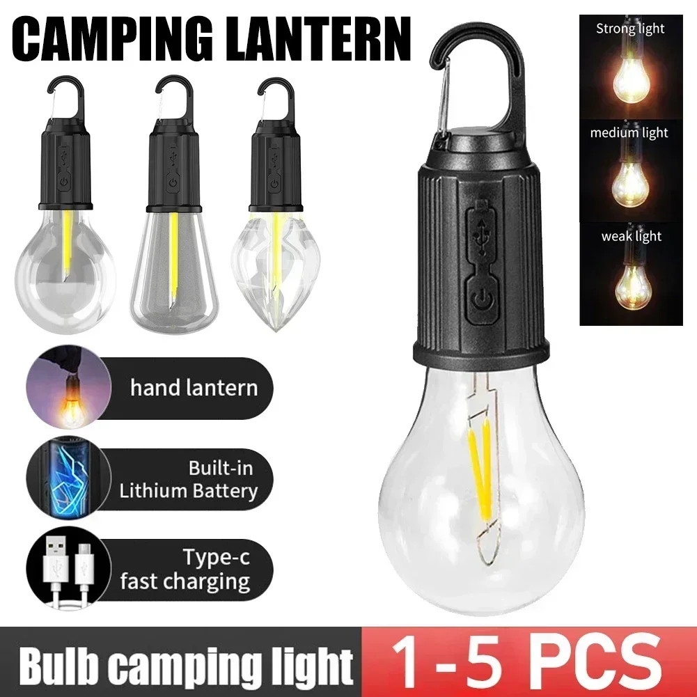 Luz LED para acampamento tipo C USB recarregável à prova d'água 400mAh 100LM luz para barraca com gancho 3 modos de iluminação externa